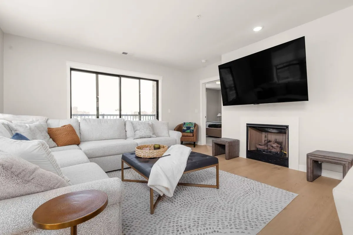 Bright condo living room near campus
